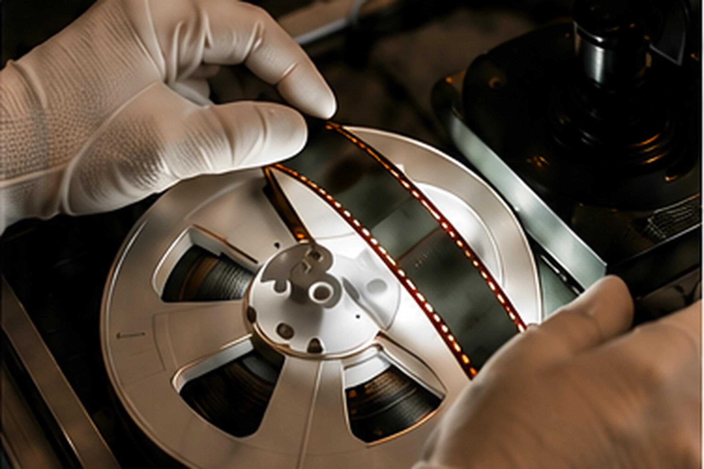 Hænder med hvide handsker håndterer en filmrulle under digitalisering.