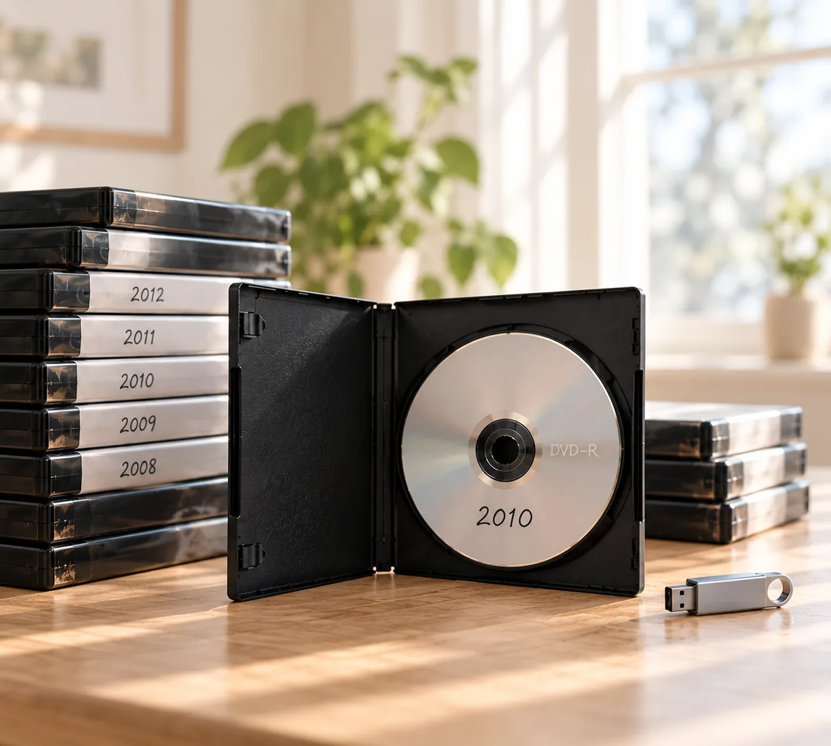Et åbent DVD-omslag med en hjemmebrændt plade mærket 2010 ved siden af en stak DVD-omslag mærket med årstal og et USB-stik