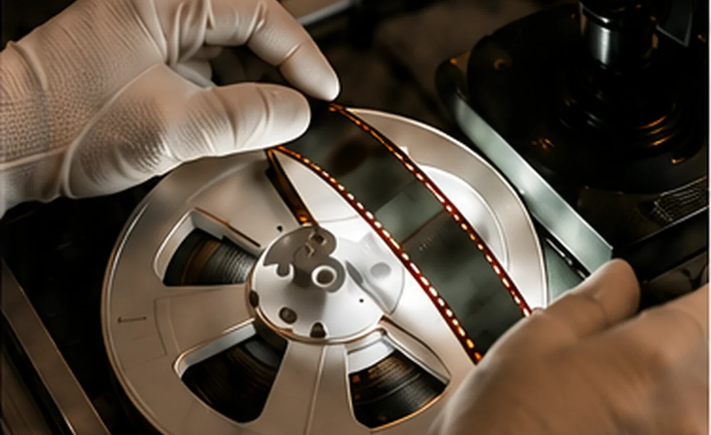 Hænder med beskyttelseshandsker håndterer en filmrulle under digitalisering.